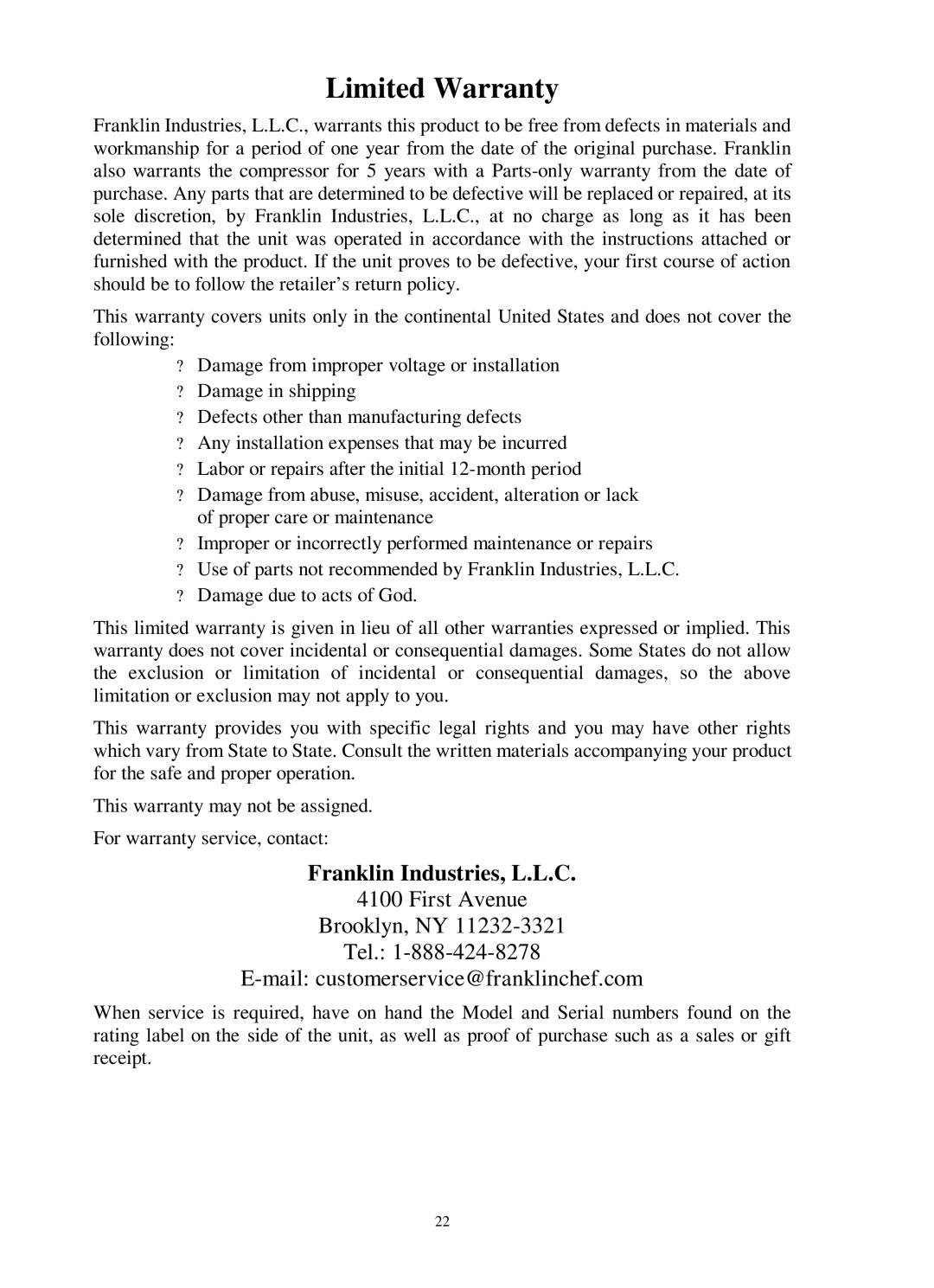 Franklin Industries, L.L.C FIM400 user manual Limited Warranty, Franklin Industries, L.L.C 