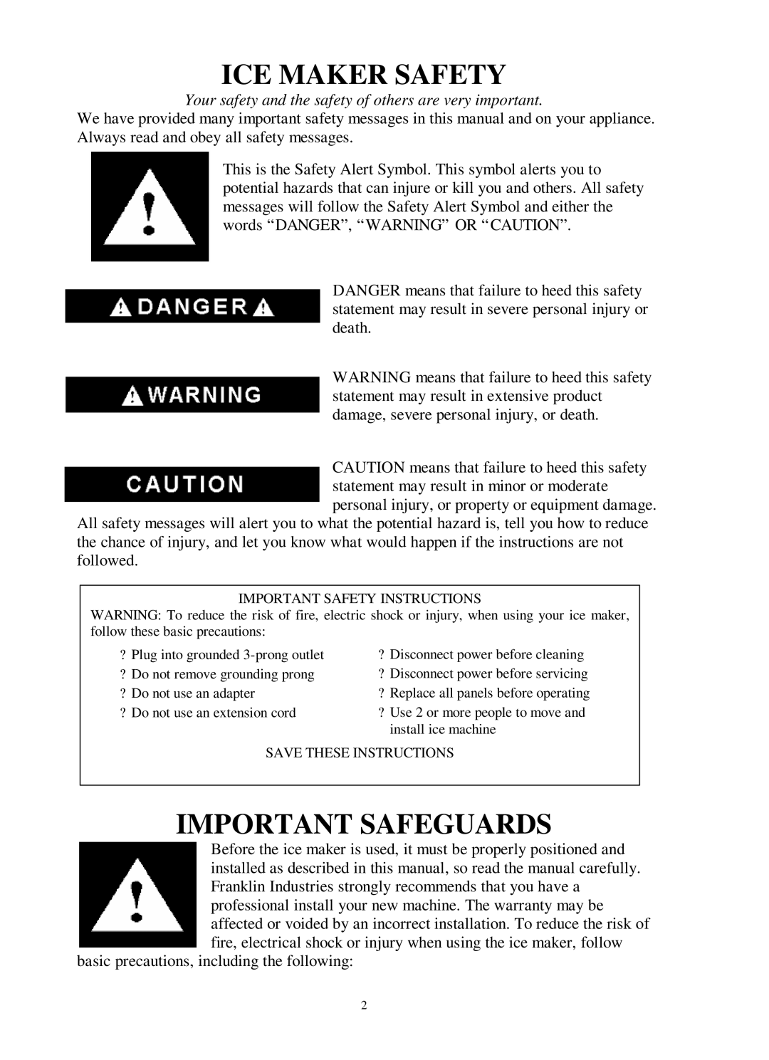 Franklin Industries, L.L.C FIM400 user manual ICE Maker Safety 