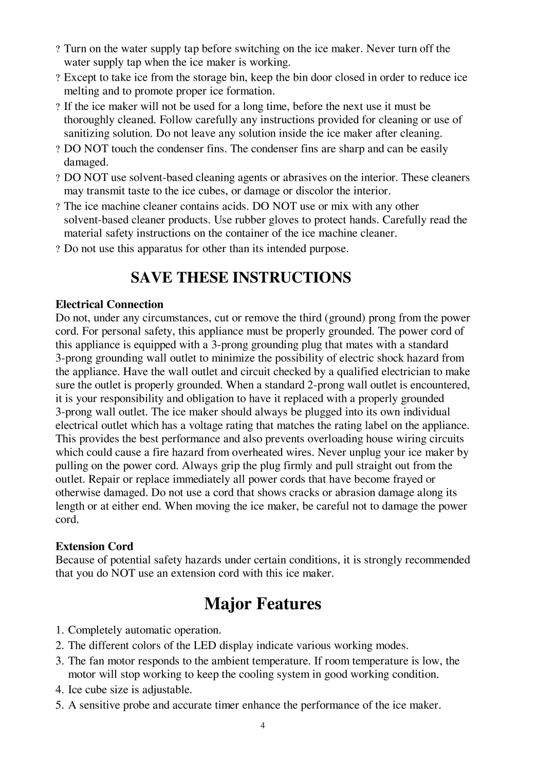 Franklin Industries, L.L.C FIM400 user manual Major Features, Electrical Connection, Extension Cord 