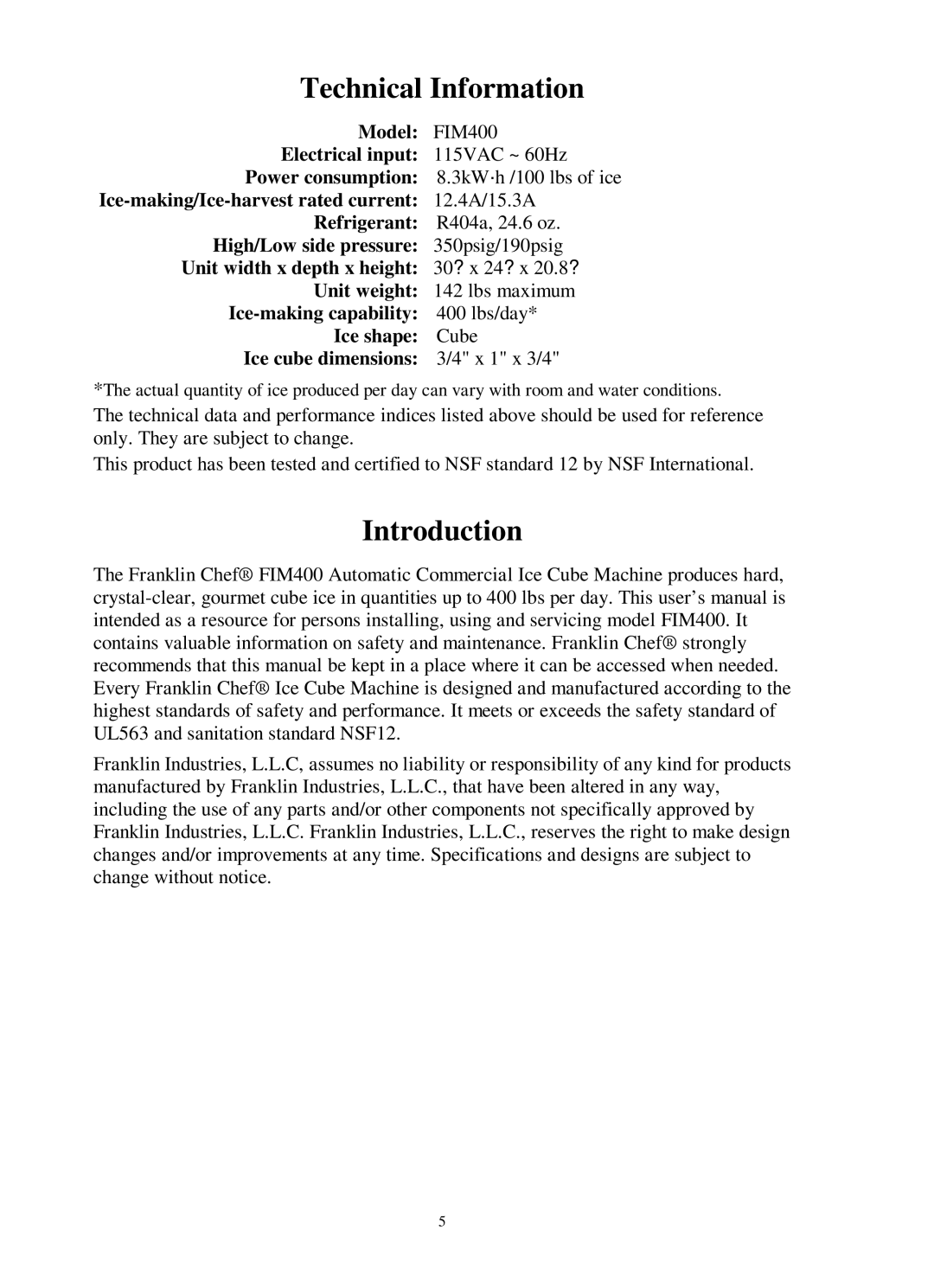 Franklin Industries, L.L.C FIM400 user manual Technical Information, Introduction 