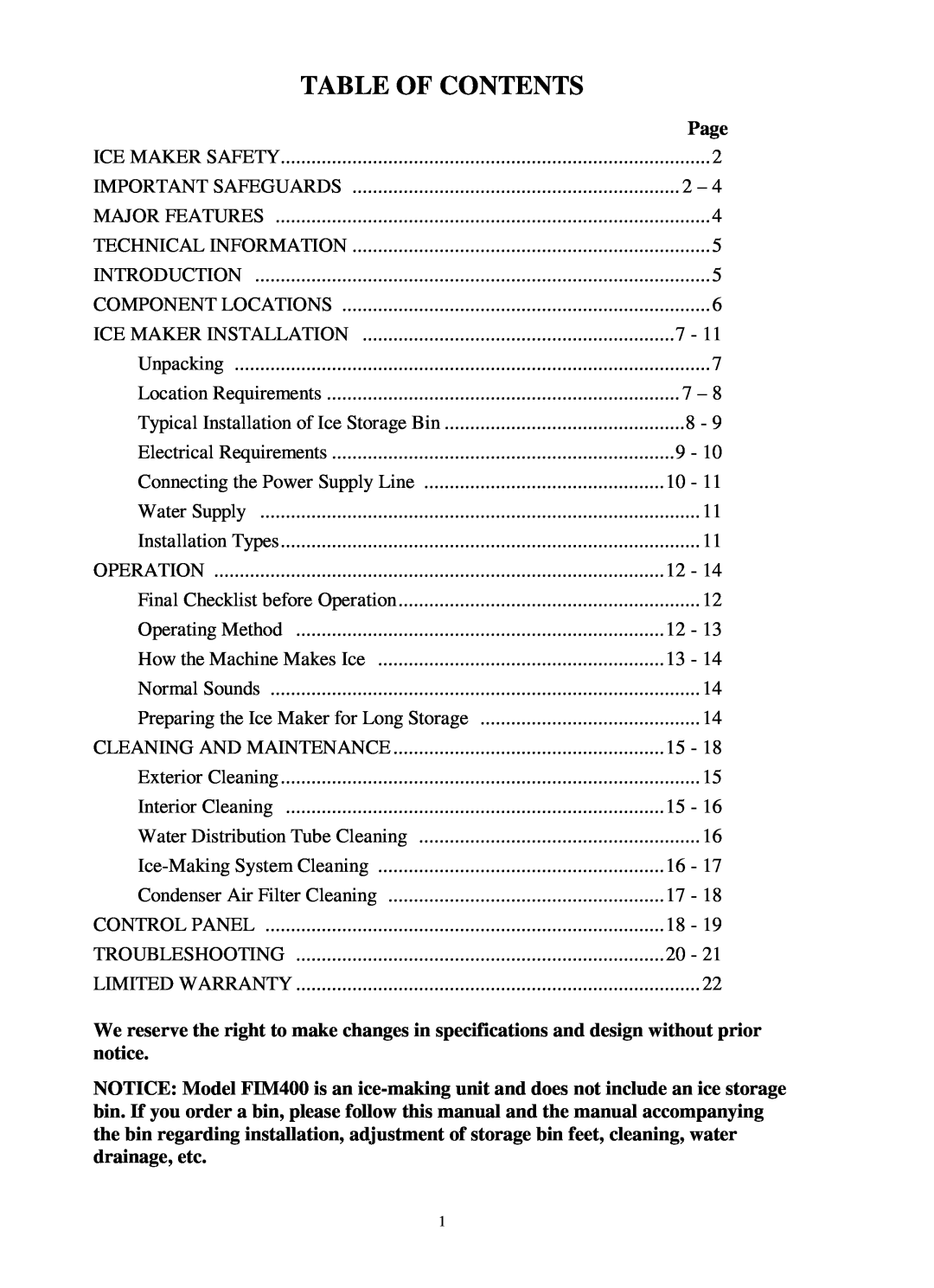 Franklin Industries, L.L.C FIM400 user manual Table Of Contents 
