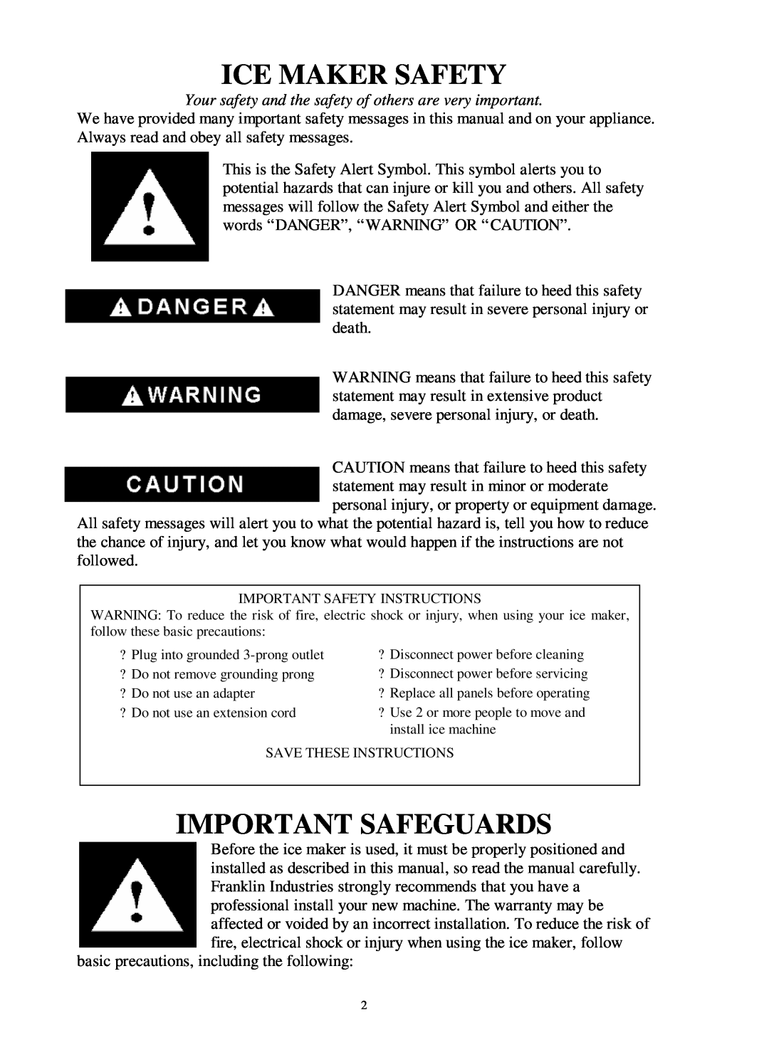 Franklin Industries, L.L.C FIM400 user manual Ice Maker Safety, Important Safeguards 