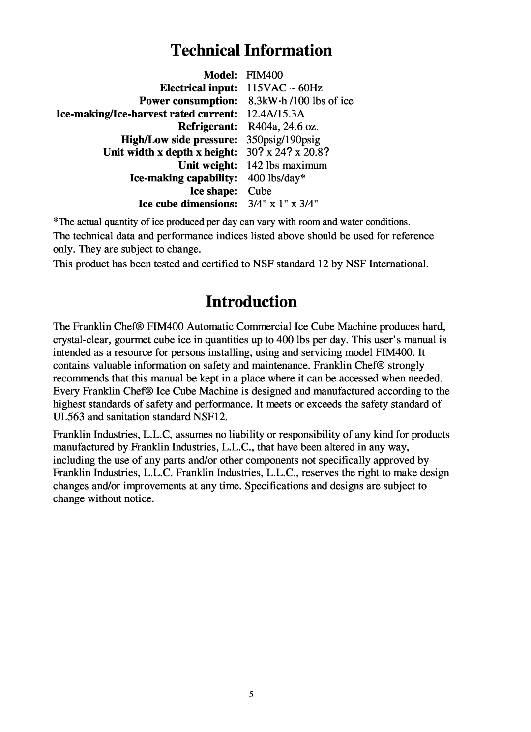 Franklin Industries, L.L.C FIM400 user manual Technical Information, Introduction 