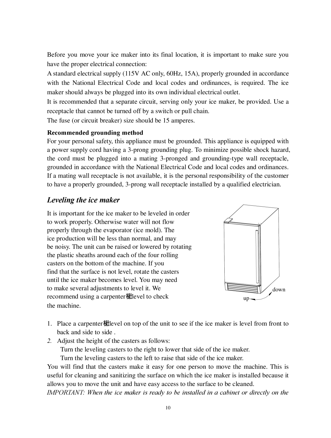 Franklin Industries, L.L.C FIM44 user manual Leveling the ice maker 