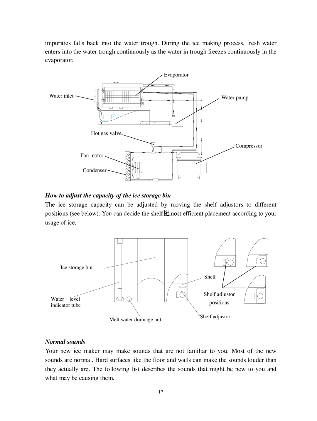 Franklin Industries, L.L.C FIM44 user manual How to adjust the capacity of the ice storage bin, Normal sounds 