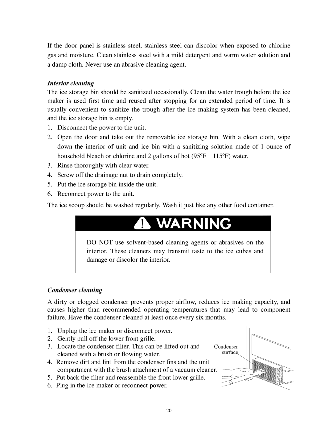 Franklin Industries, L.L.C FIM44 user manual Interior cleaning, Condenser cleaning, Cleaned with a brush or flowing water 