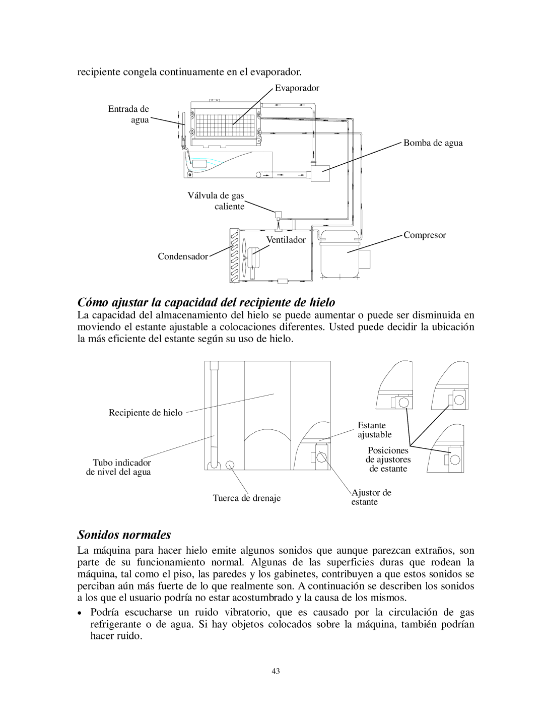 Franklin Industries, L.L.C FIM44 user manual Cómo ajustar la capacidad del recipiente de hielo, Sonidos normales 