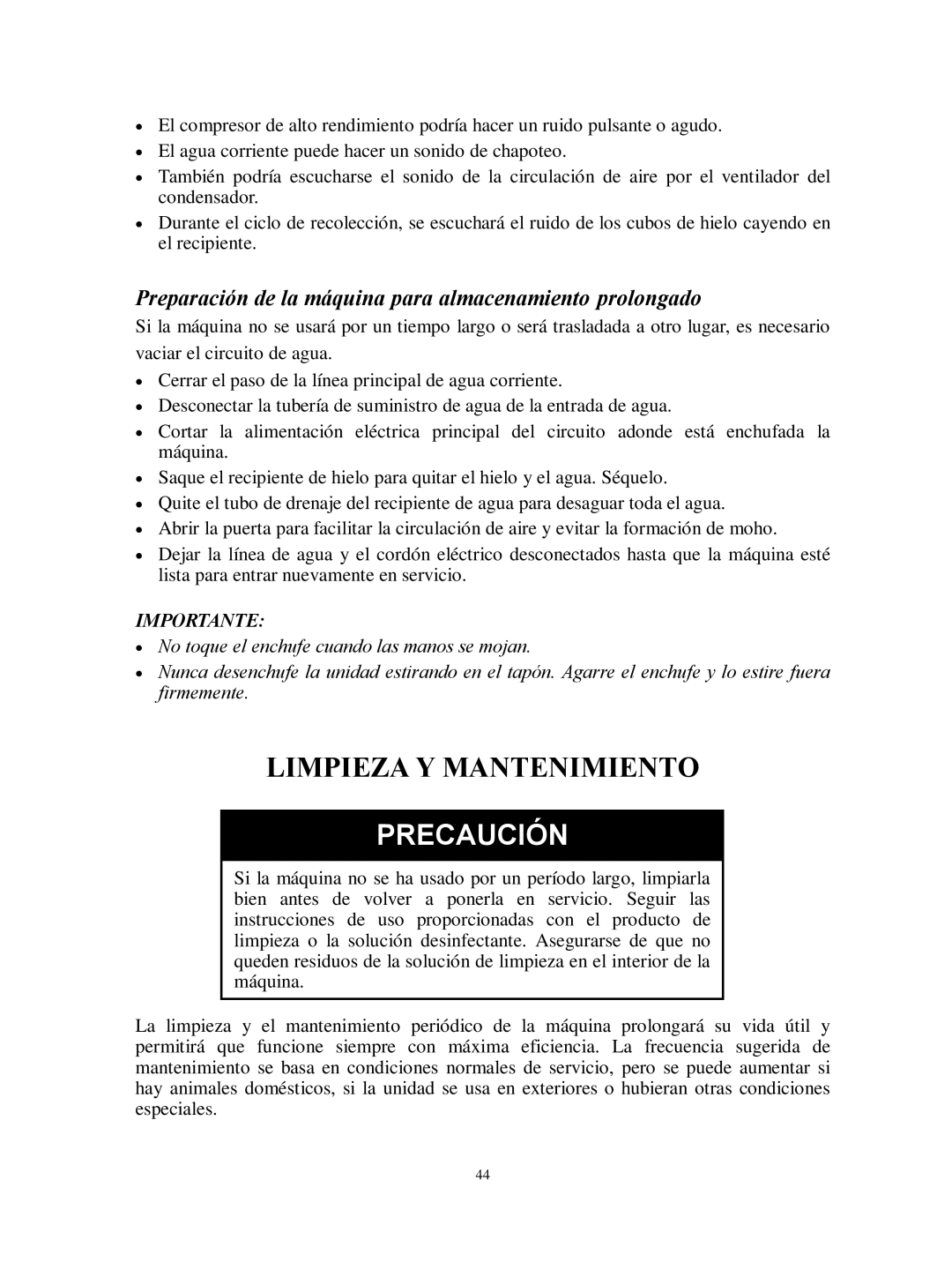 Franklin Industries, L.L.C FIM44 user manual Precaución, Preparación de la máquina para almacenamiento prolongado 