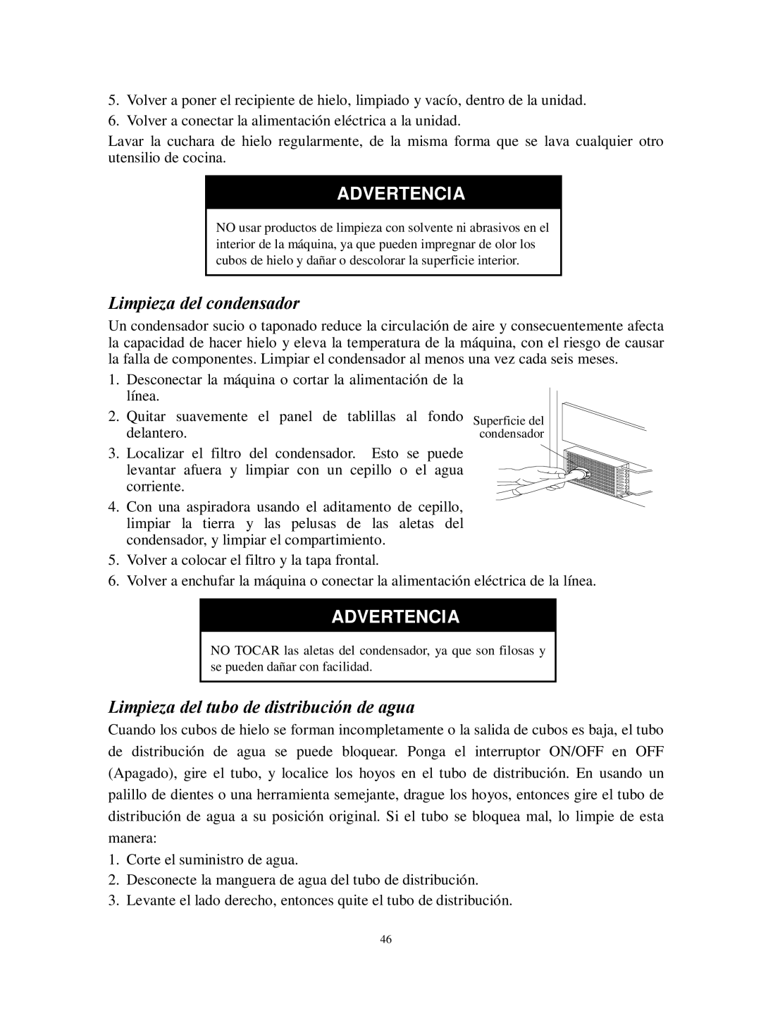 Franklin Industries, L.L.C FIM44 user manual Limpieza del condensador, Limpieza del tubo de distribución de agua 