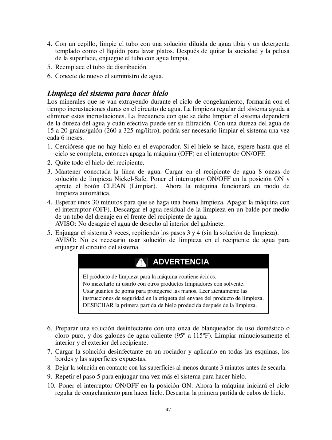 Franklin Industries, L.L.C FIM44 user manual Limpieza del sistema para hacer hielo 