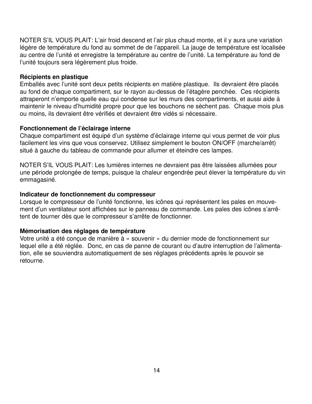 Franklin Industries, L.L.C FWC36 manual Récipients en plastique, Fonctionnement de l’éclairage interne 