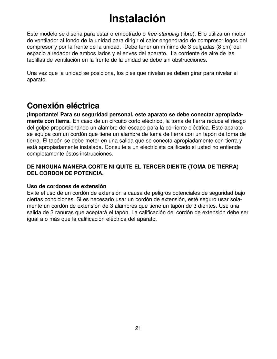 Franklin Industries, L.L.C FWC36 manual Instalación, Conexión eléctrica, Uso de cordones de extensión 