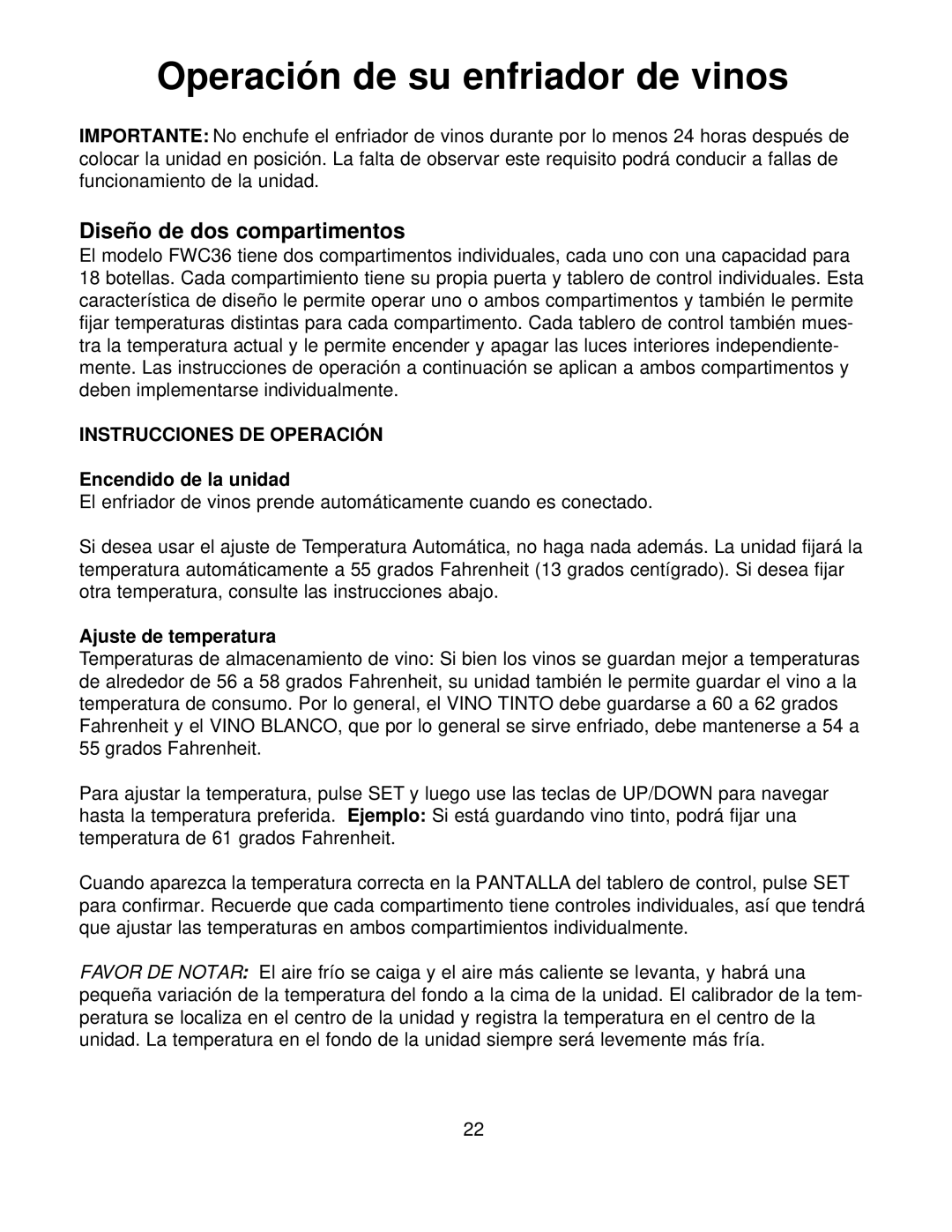 Franklin Industries, L.L.C FWC36 manual Operación de su enfriador de vinos, Encendido de la unidad, Ajuste de temperatura 