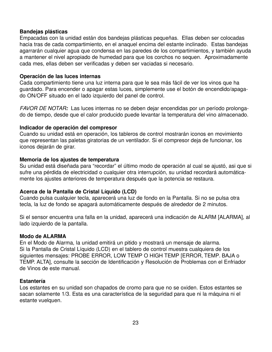 Franklin Industries, L.L.C FWC36 Bandejas plásticas, Operación de las luces internas, Indicador de operación del compresor 