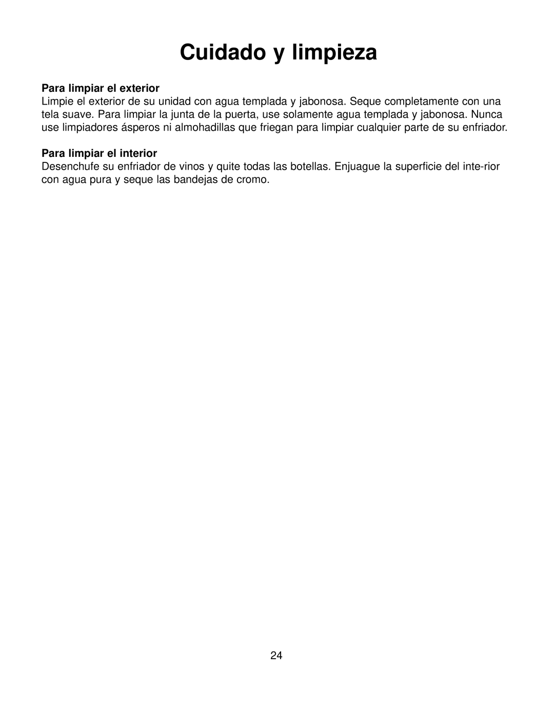 Franklin Industries, L.L.C FWC36 manual Cuidado y limpieza, Para limpiar el exterior, Para limpiar el interior 