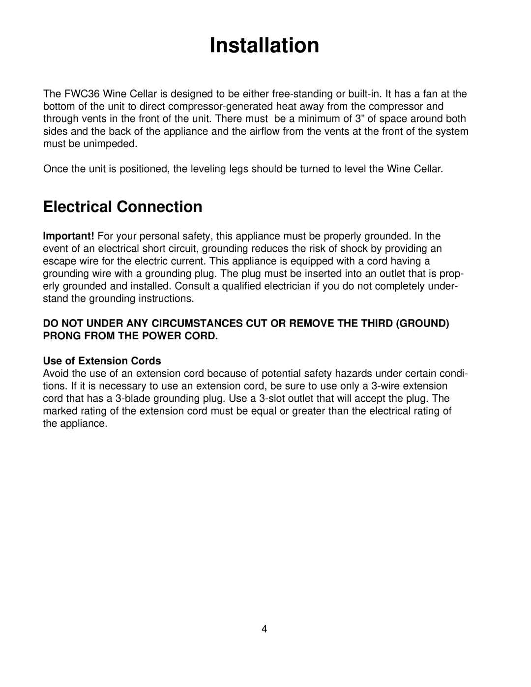 Franklin Industries, L.L.C FWC36 manual Installation, Electrical Connection, Use of Extension Cords 