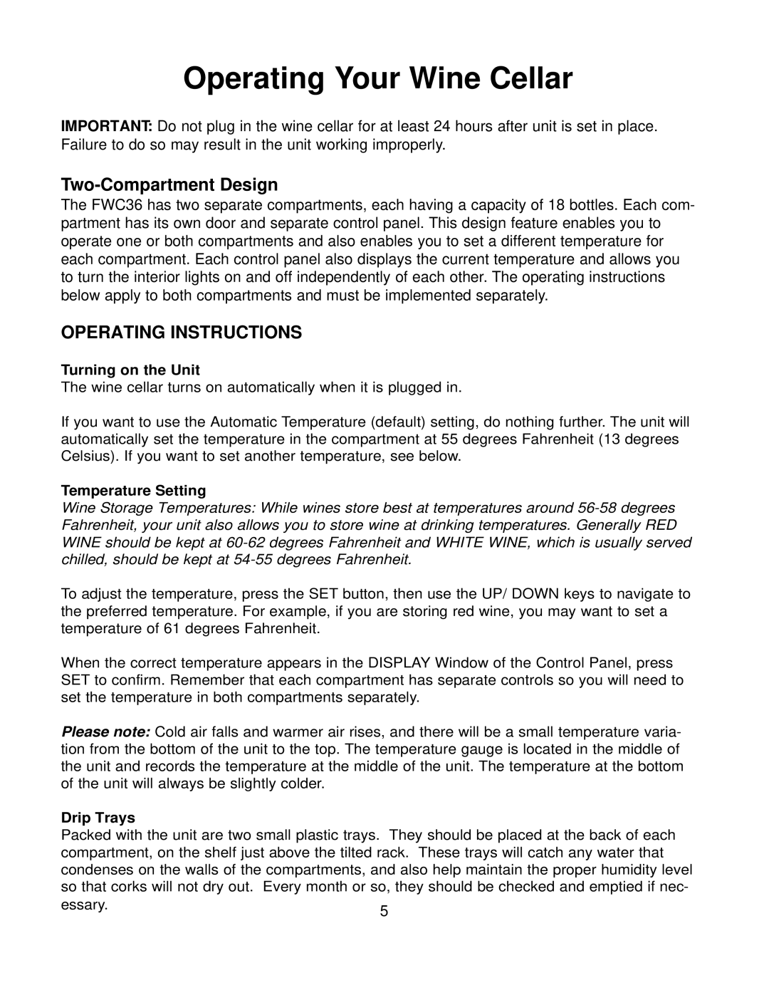 Franklin Industries, L.L.C FWC36 manual Operating Your Wine Cellar, Two-Compartment Design 