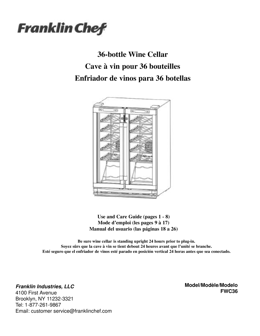 Franklin Industries, L.L.C FWC36 manual bottleWine Cellar, Cave à vin pour 36 bouteilles, Use and Care Guide pages 