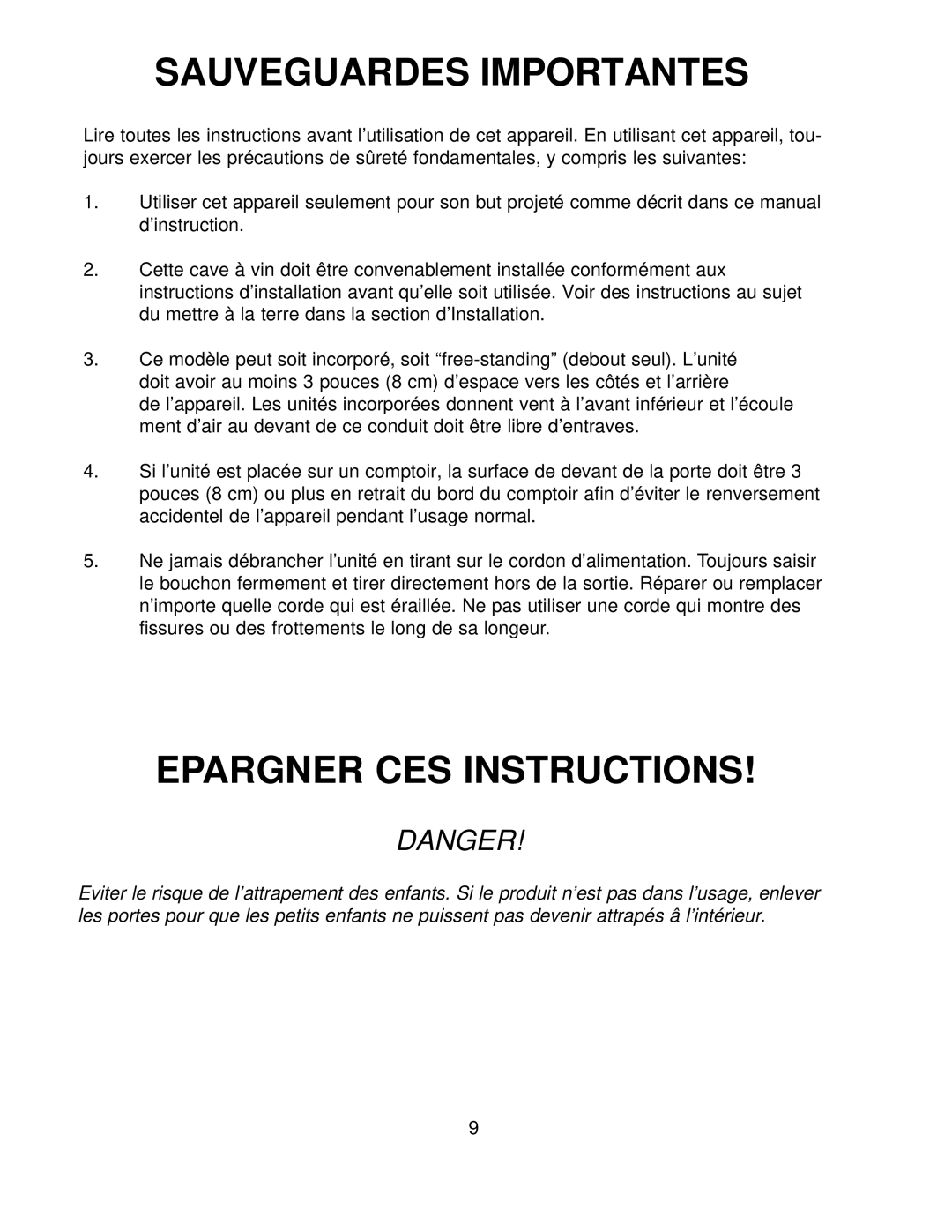 Franklin Industries, L.L.C FWC36 manual Sauveguardes Importantes, Epargner Ces Instructions, Danger 