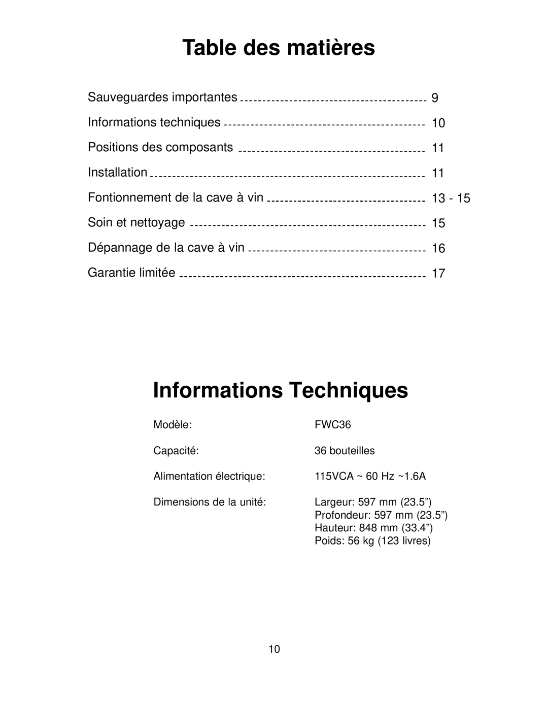 Franklin Industries, L.L.C FWC36 manual Table des matières, Informations Techniques 