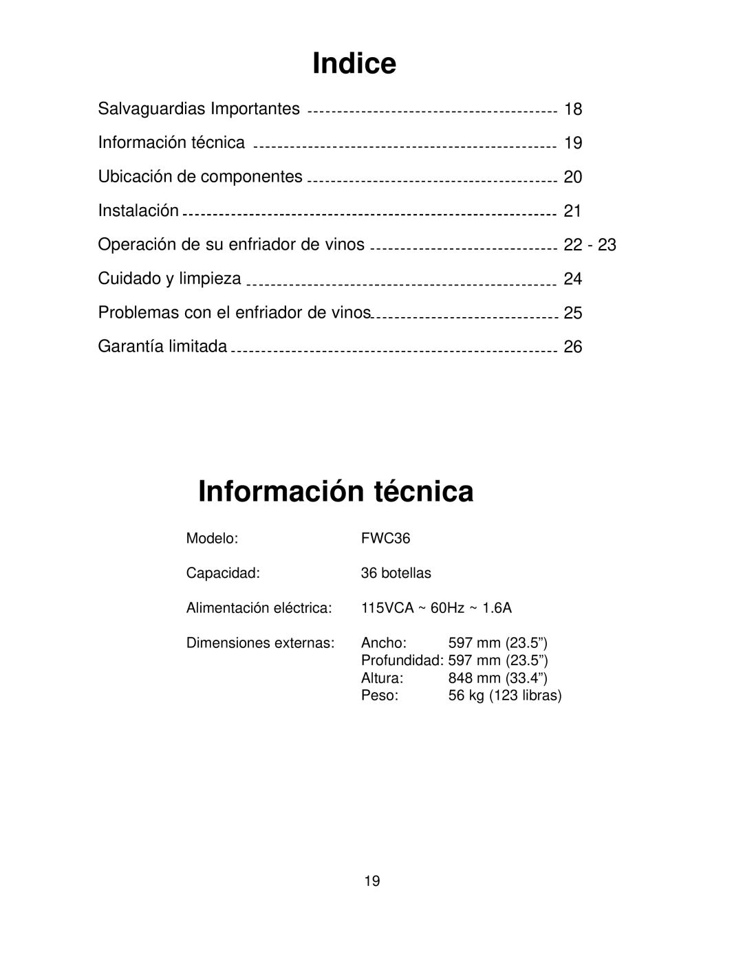 Franklin Industries, L.L.C FWC36 manual Indice, Información técnica 