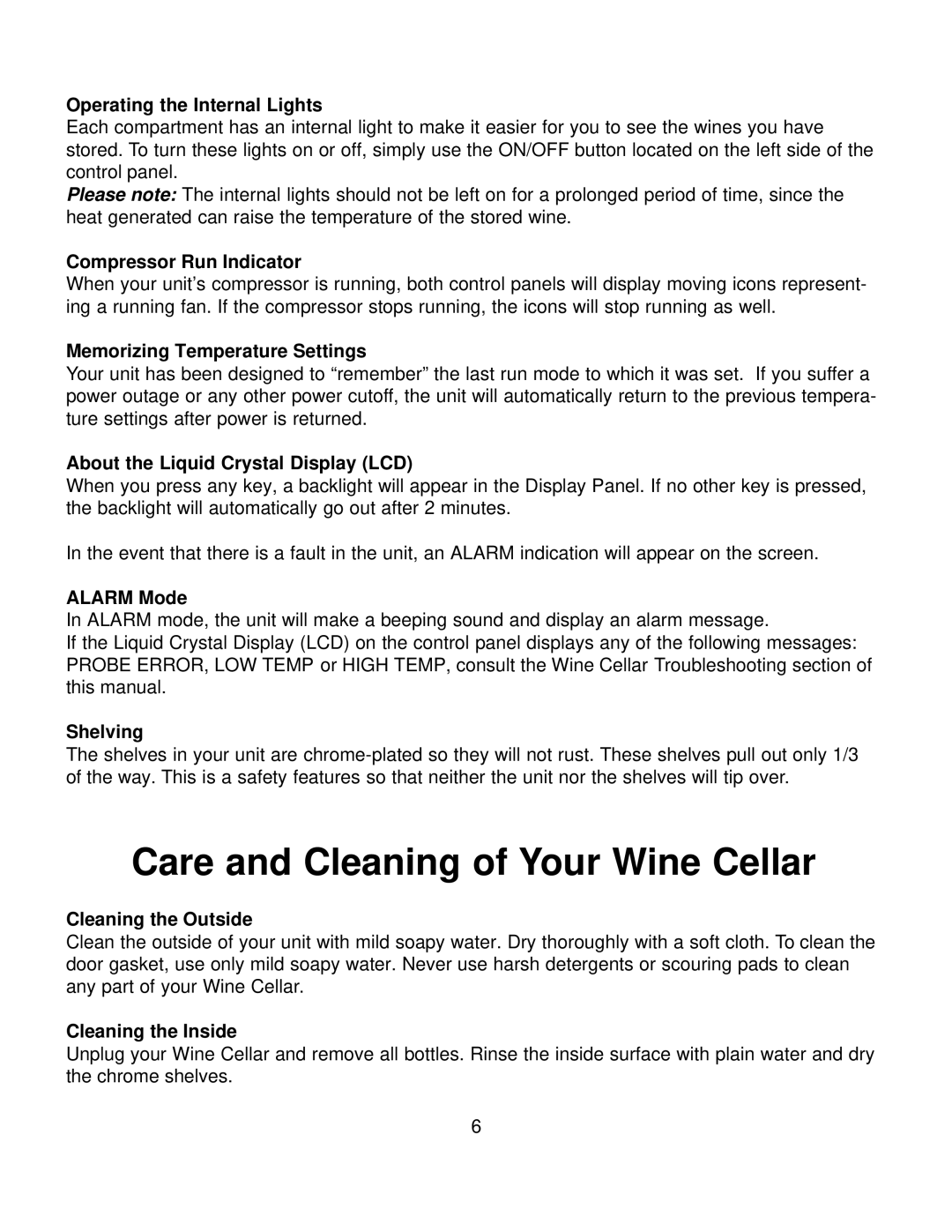 Franklin Industries, L.L.C FWC36 manual Care and Cleaning of Your Wine Cellar, Operating the Internal Lights, ALARM Mode 