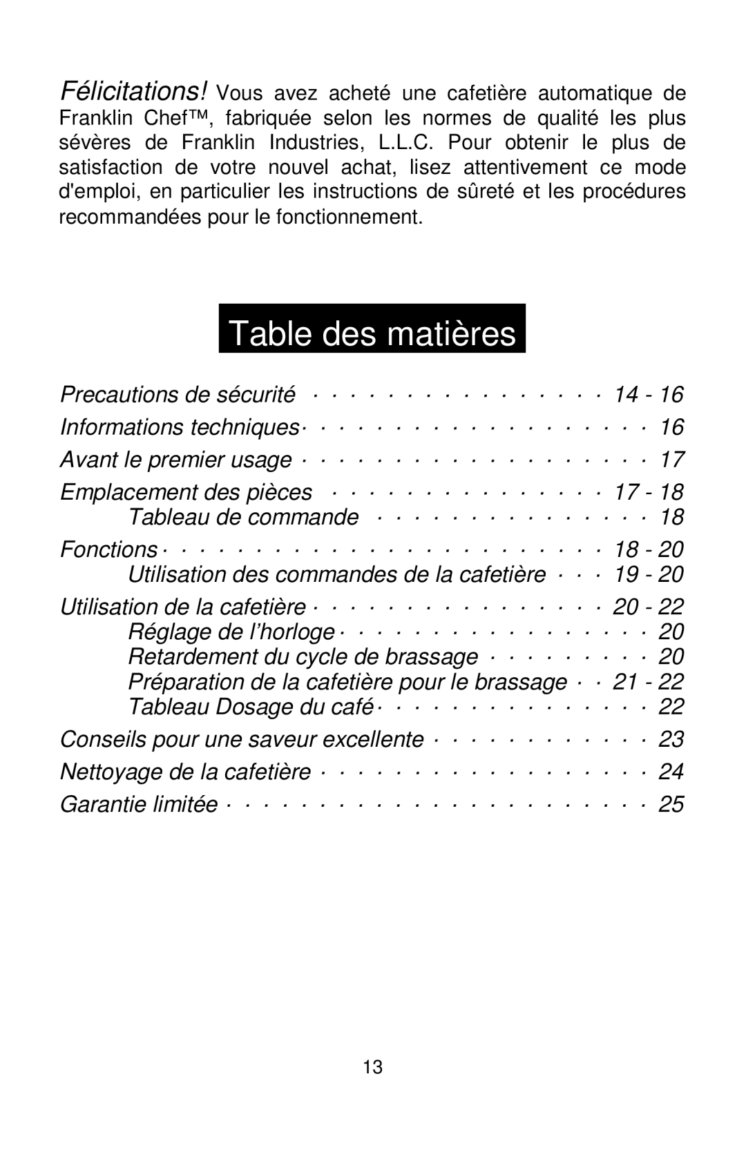 Franklin Industries, L.L.C pFR1730 manual Table des matières 