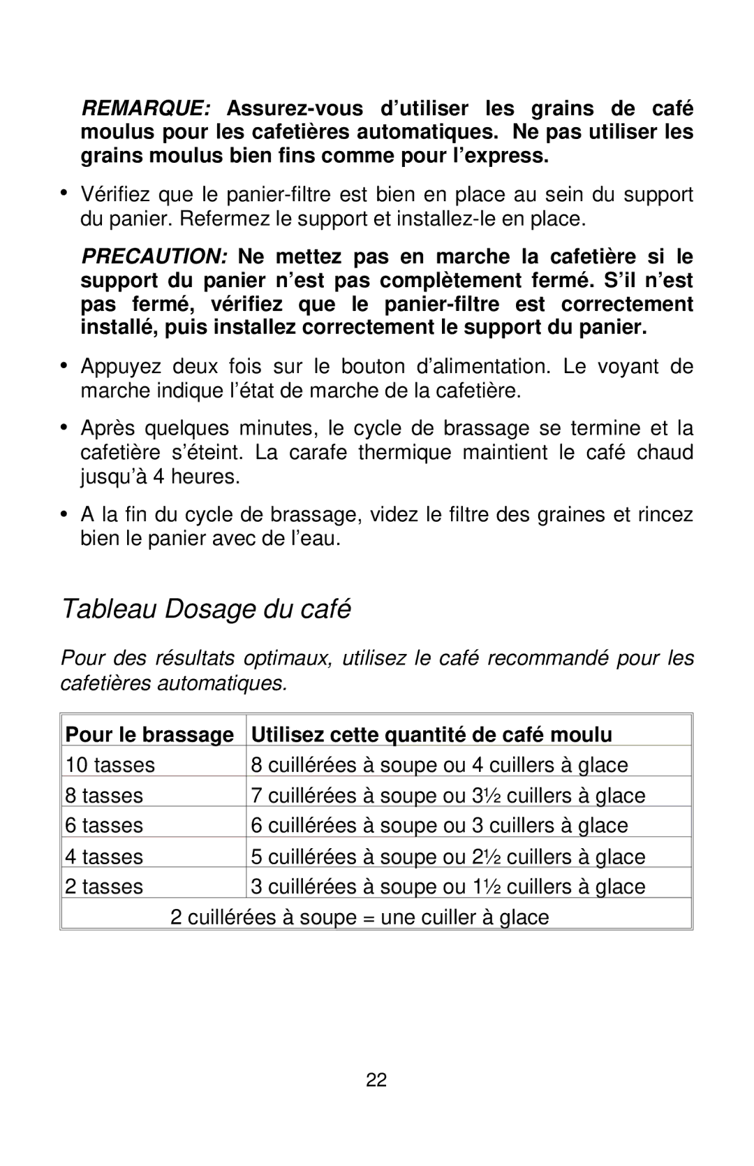 Franklin Industries, L.L.C pFR1730 manual Tableau Dosage du café, Pour le brassage Utilisez cette quantité de café moulu 