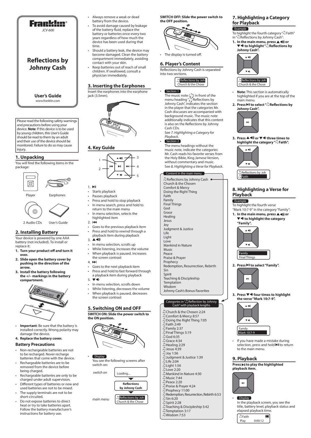 Franklin Reflections by Johnny Cash manual User’s Guide, Unpacking, Installing Battery, Inserting the Earphones, Key Guide 