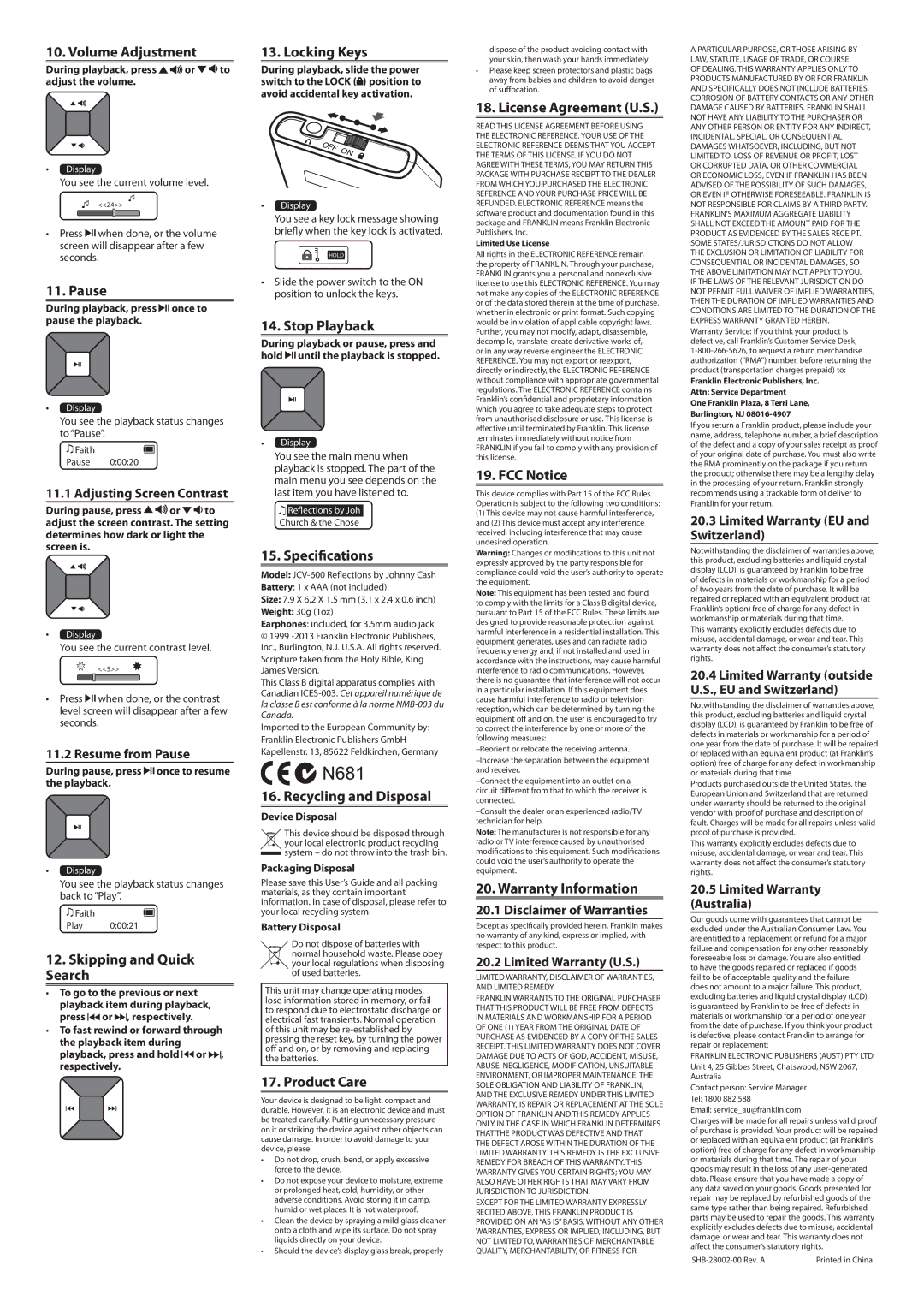 Franklin JCV-600 manual Volume Adjustment, Pause, Skipping and Quick Search, Locking Keys, Stop Playback, Specifications 