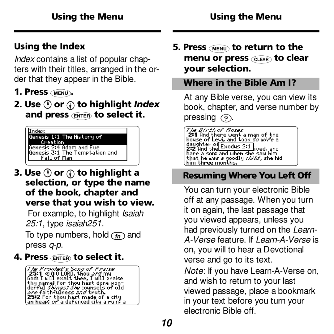 Franklin KJB-1840 manual Using the Menu Using the Index, Resuming Where You Left Off 