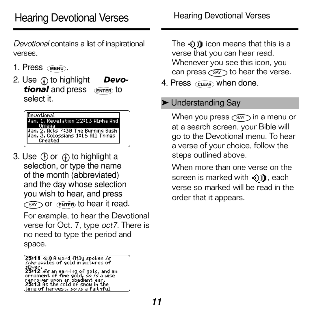 Franklin KJB-1840 manual Hearing Devotional Verses, Press Clear When done Understanding Say 