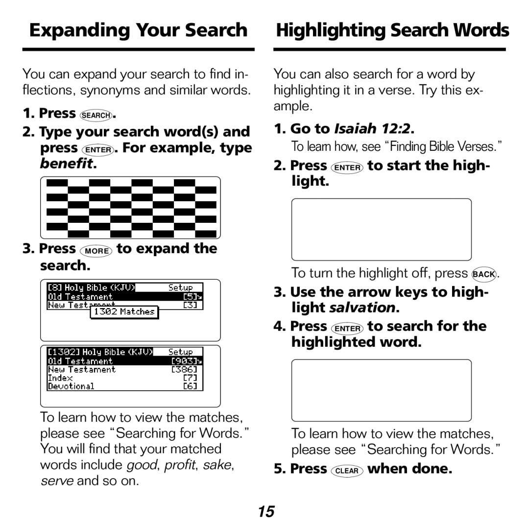 Franklin KJB-1840 manual Expanding Your Search, Highlighting Search Words, Press Enter to start the high- light 