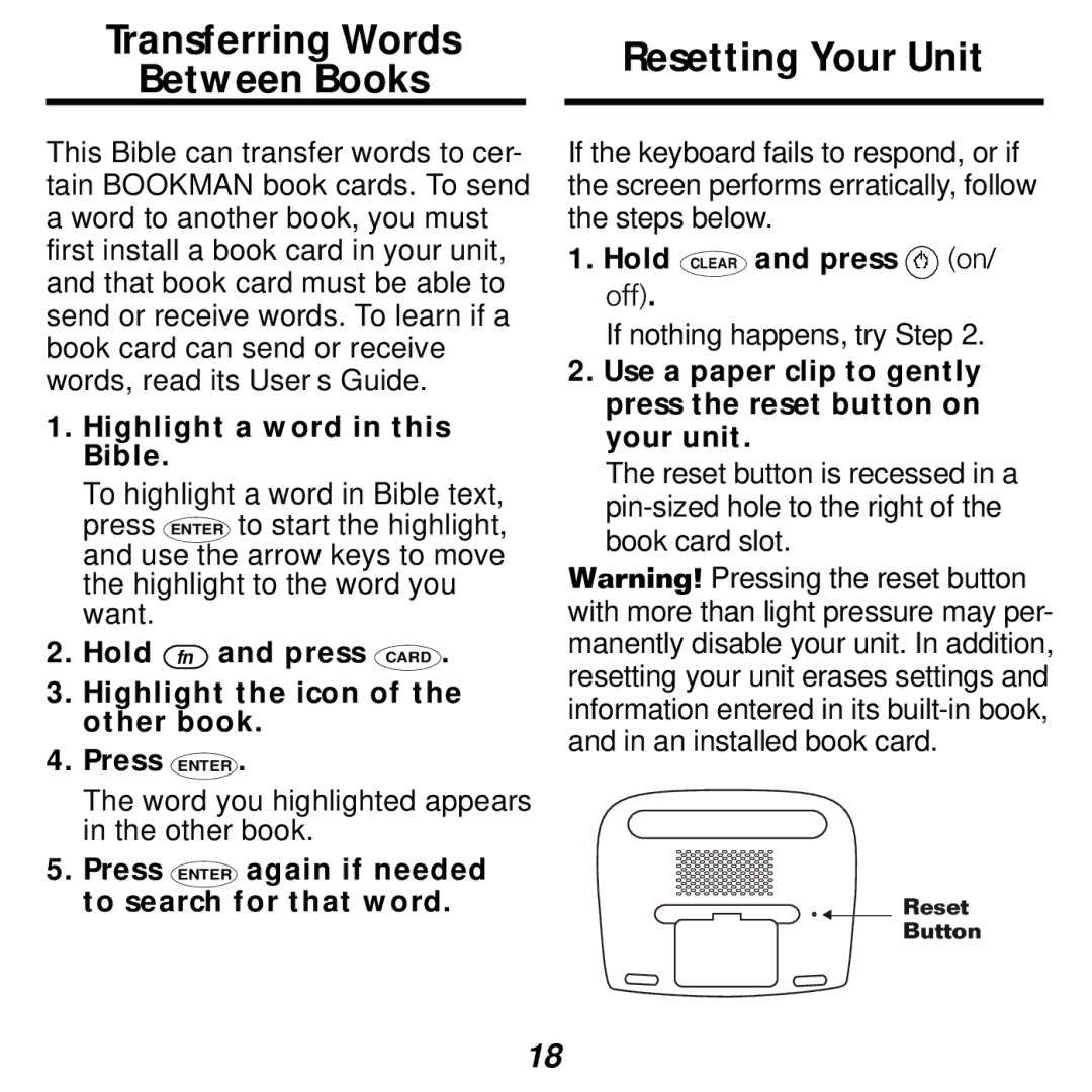 Franklin KJB-1840 Resetting Your Unit, Highlight a word in this Bible, Press Enter again if needed to search for that word 