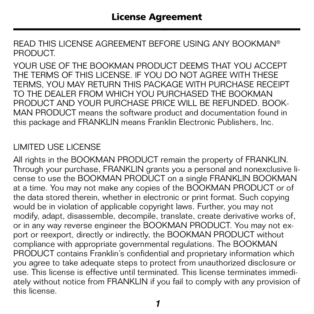 Franklin KJB-1840 manual License Agreement 