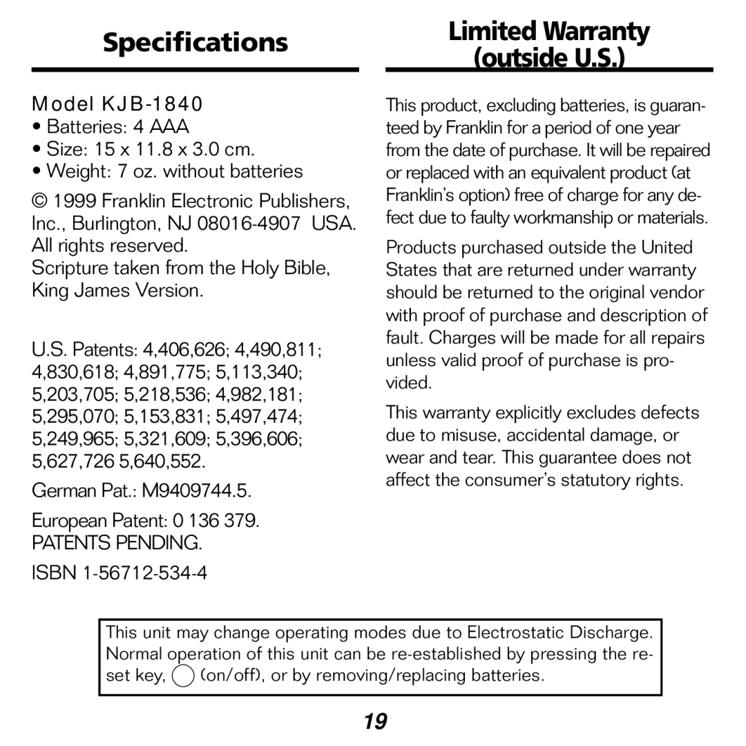 Franklin KJB-1840 manual Specifications, Limited Warranty Outside U.S 