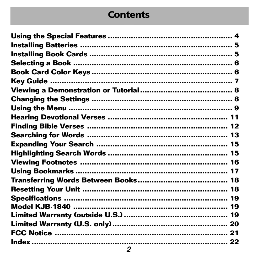 Franklin KJB-1840 manual Contents 