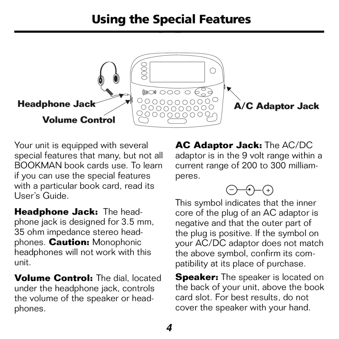 Franklin KJB-1840 manual Using the Special Features, Headphone Jack Volume Control Adaptor Jack 