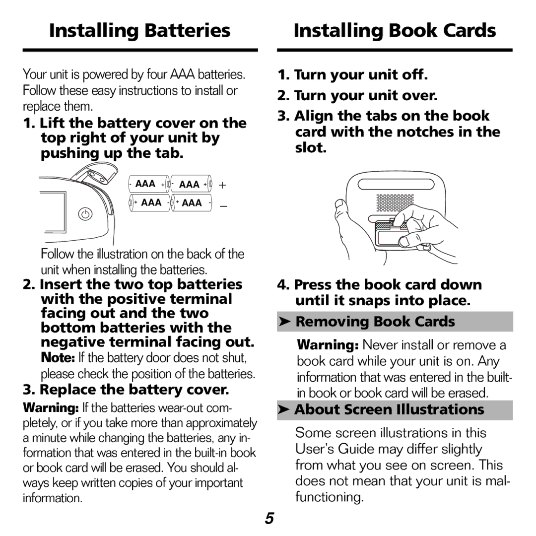 Franklin KJB-1840 manual Installing Batteries Installing Book Cards 