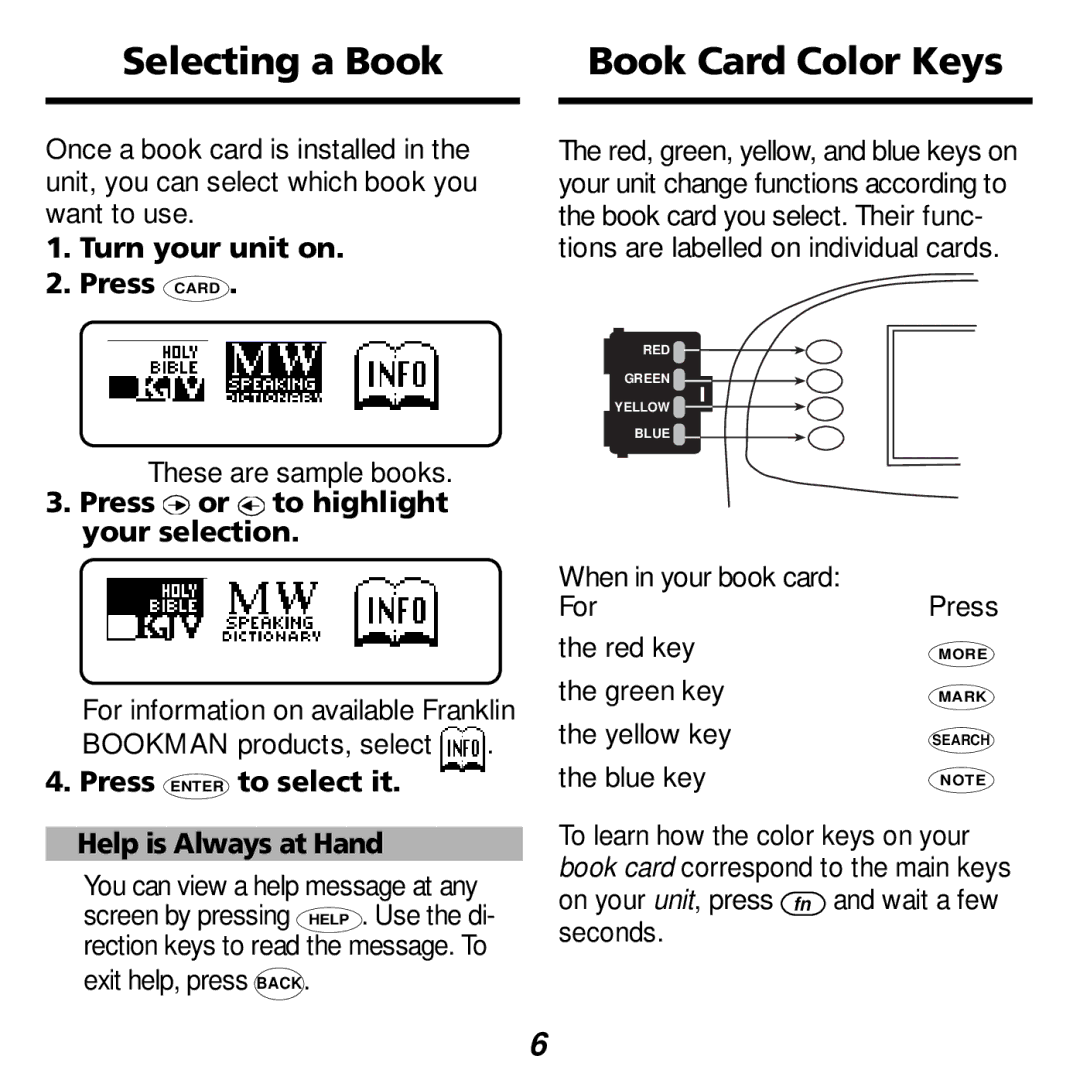 Franklin KJB-1840 manual Selecting a Book, Book Card Color Keys, Turn your unit on Press Card 