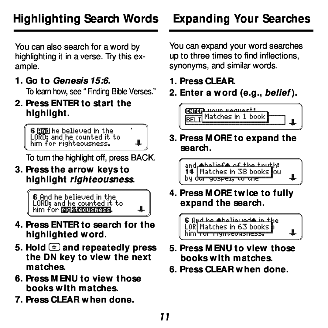 Franklin KJB-440 Highlighting Search Words Expanding Your Searches, Go to Genesis, Press ENTER to start the highlight 