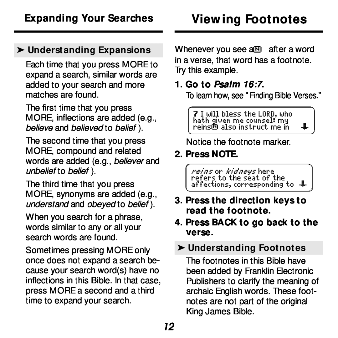 Franklin KJB-440 manual Viewing Footnotes, Understanding Expansions, Go to Psalm 