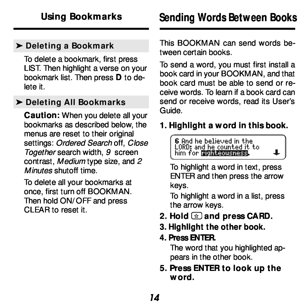 Franklin KJB-440 manual Deleting a Bookmark, Deleting All Bookmarks, Highlight a word in this book 