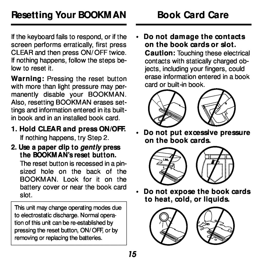 Franklin KJB-440 manual Book Card Care, Resetting Your BOOKMAN, Hold CLEAR and press ON/OFF. If nothing happens, try Step 