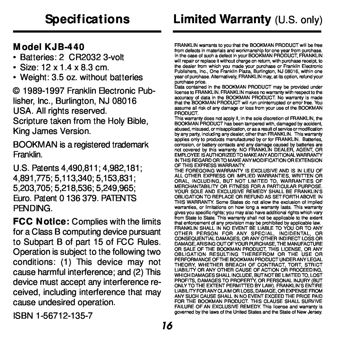 Franklin manual Specifications, Limited Warranty U.S. only, Model KJB-440 
