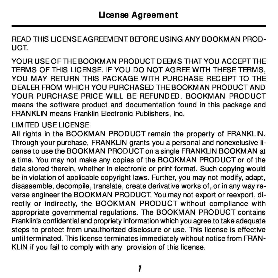 Franklin KJB-440 manual Read This License Agreement Before Using Any Bookman Prod- Uct, Limited Use License 