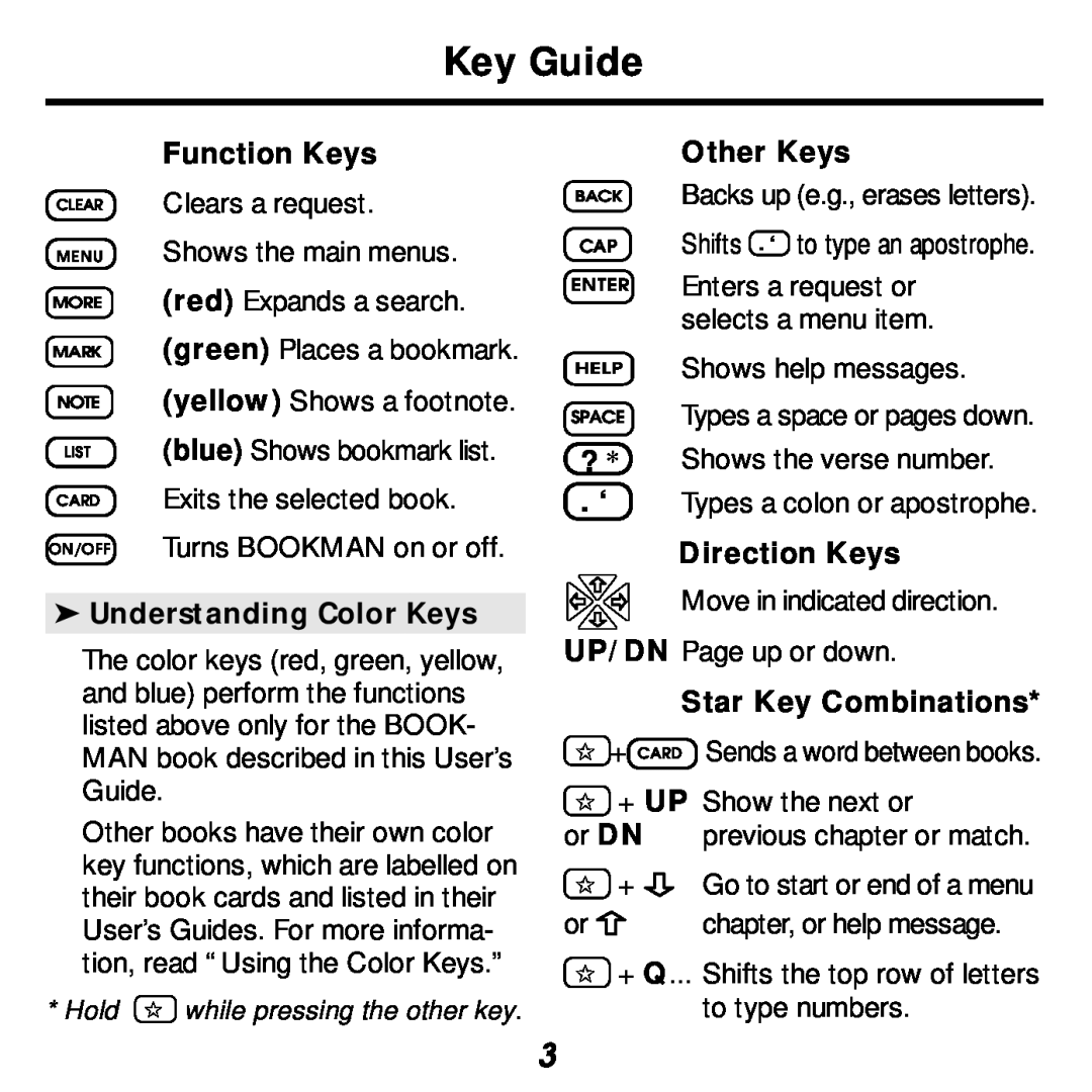 Franklin KJB-440 Key Guide, Function Keys, Understanding Color Keys, Other Keys, Direction Keys, Star Key Combinations 