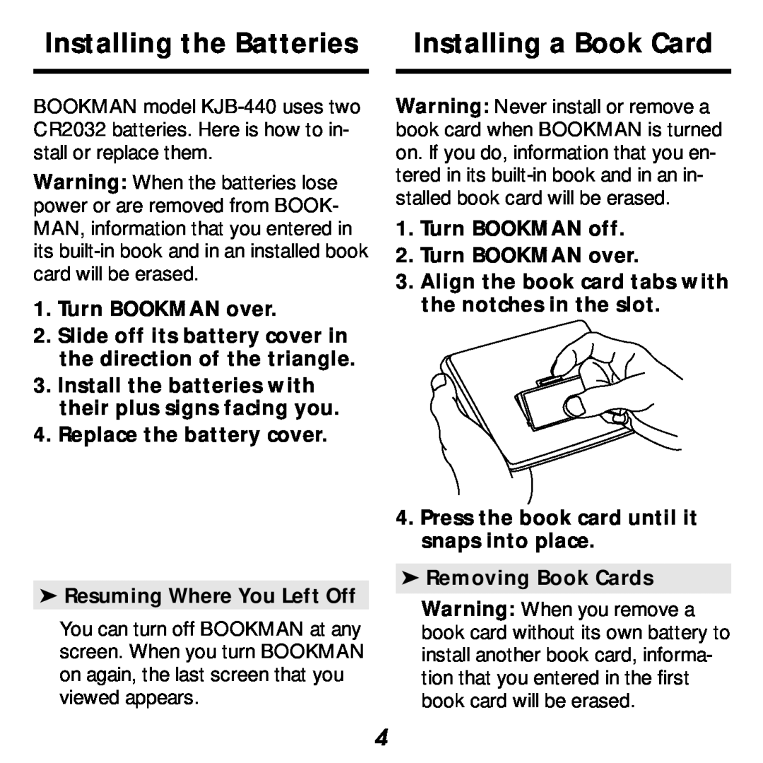 Franklin KJB-440 manual Installing the Batteries, Installing a Book Card, Turn BOOKMAN over 