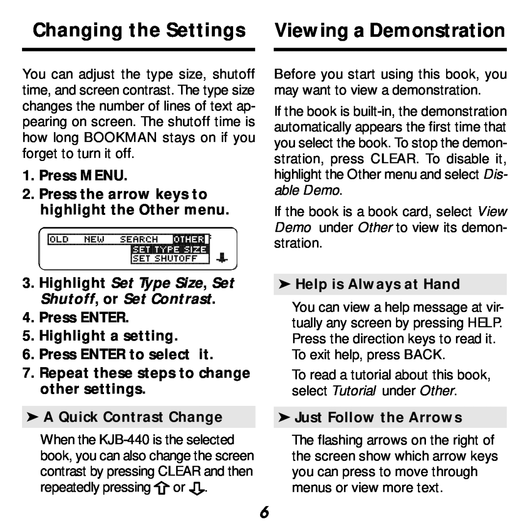 Franklin KJB-440 Changing the Settings Viewing a Demonstration, Highlight Set Type Size, Set Shutoff, or Set Contrast 