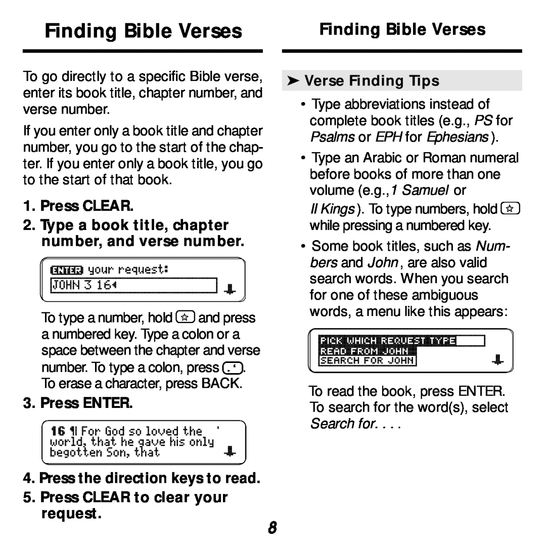 Franklin KJB-440 manual Finding Bible Verses, Press CLEAR 2. Type a book title, chapter number, and verse number 